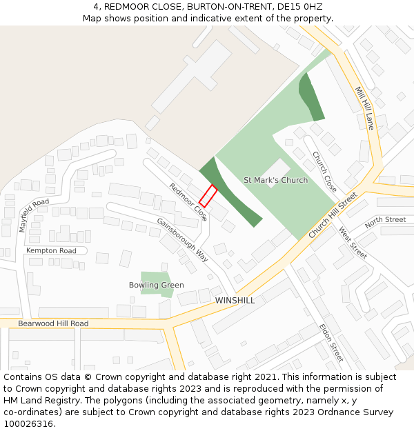4, REDMOOR CLOSE, BURTON-ON-TRENT, DE15 0HZ: Location map and indicative extent of plot