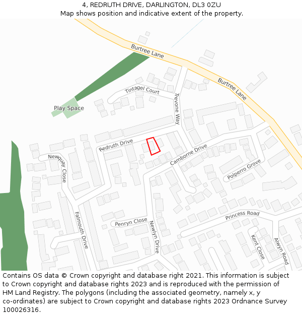 4, REDRUTH DRIVE, DARLINGTON, DL3 0ZU: Location map and indicative extent of plot