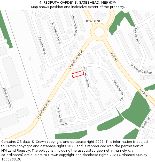 4, REDRUTH GARDENS, GATESHEAD, NE9 6XW: Location map and indicative extent of plot