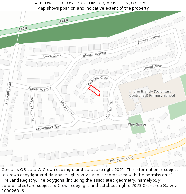 4, REDWOOD CLOSE, SOUTHMOOR, ABINGDON, OX13 5DH: Location map and indicative extent of plot