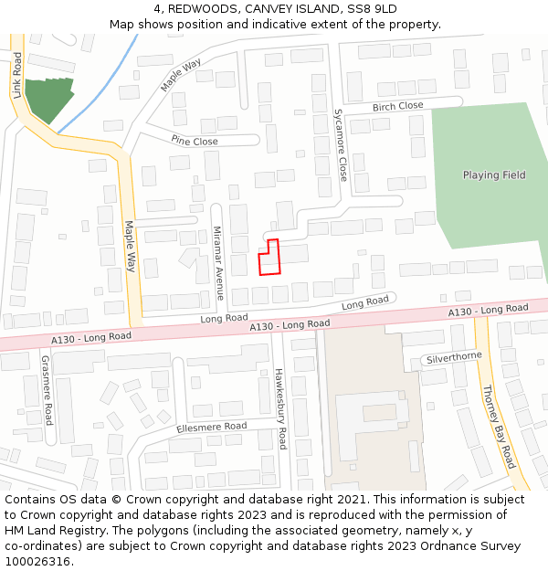 4, REDWOODS, CANVEY ISLAND, SS8 9LD: Location map and indicative extent of plot