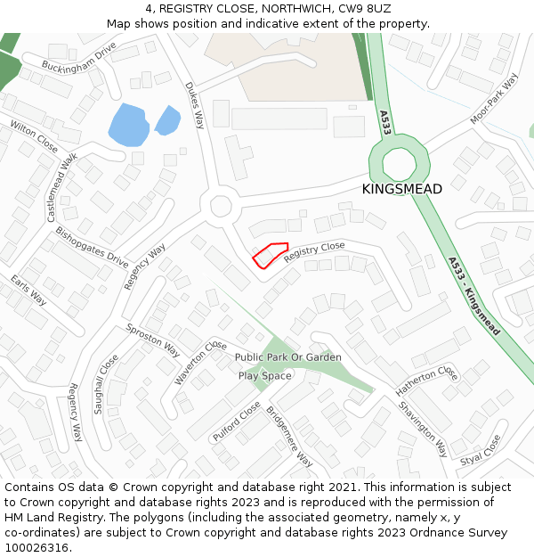 4, REGISTRY CLOSE, NORTHWICH, CW9 8UZ: Location map and indicative extent of plot