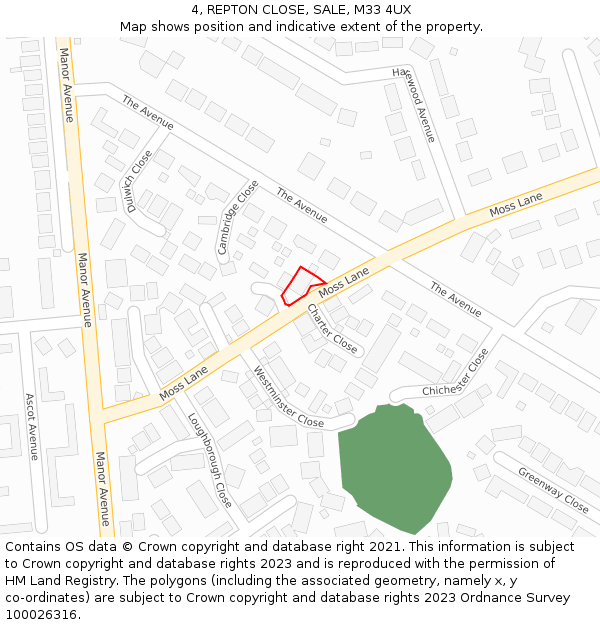 4, REPTON CLOSE, SALE, M33 4UX: Location map and indicative extent of plot