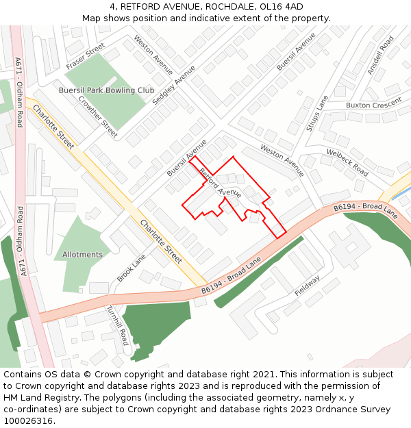 4, RETFORD AVENUE, ROCHDALE, OL16 4AD: Location map and indicative extent of plot