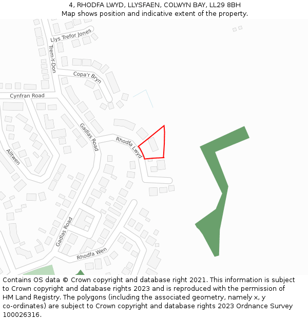 4, RHODFA LWYD, LLYSFAEN, COLWYN BAY, LL29 8BH: Location map and indicative extent of plot