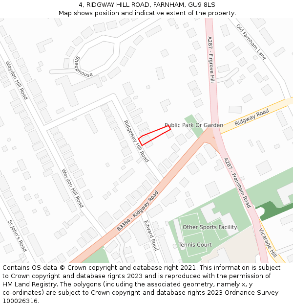4, RIDGWAY HILL ROAD, FARNHAM, GU9 8LS: Location map and indicative extent of plot