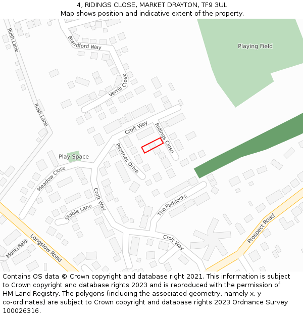 4, RIDINGS CLOSE, MARKET DRAYTON, TF9 3UL: Location map and indicative extent of plot