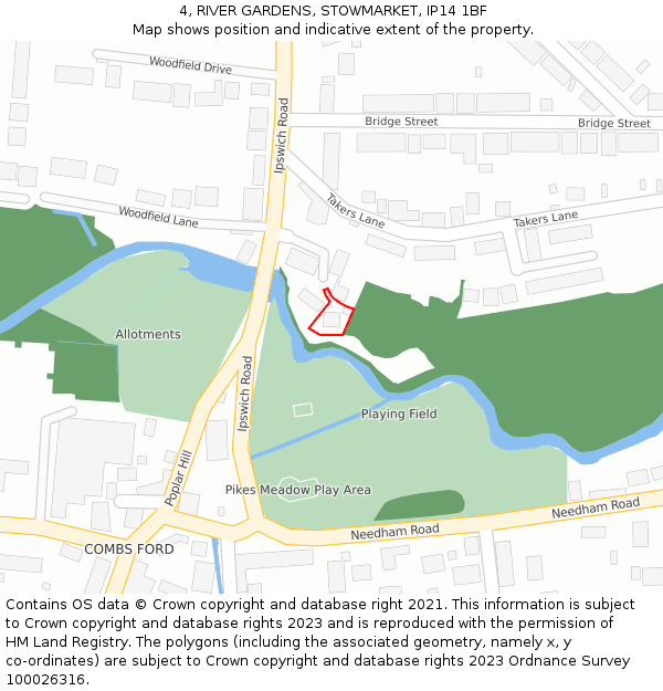 4, RIVER GARDENS, STOWMARKET, IP14 1BF: Location map and indicative extent of plot