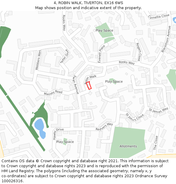 4, ROBIN WALK, TIVERTON, EX16 6WS: Location map and indicative extent of plot