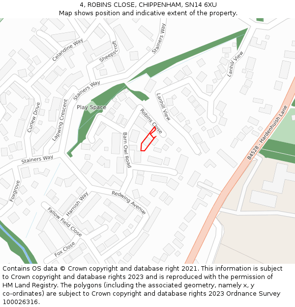 4, ROBINS CLOSE, CHIPPENHAM, SN14 6XU: Location map and indicative extent of plot