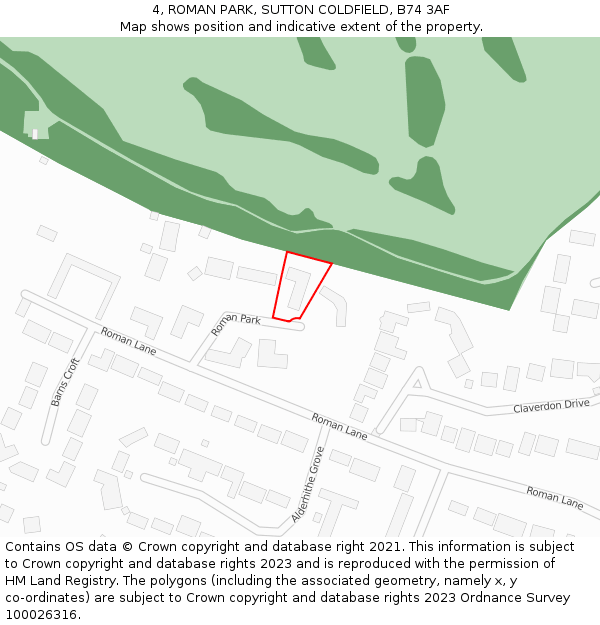 4, ROMAN PARK, SUTTON COLDFIELD, B74 3AF: Location map and indicative extent of plot