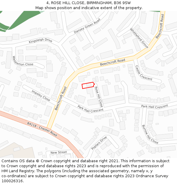 4, ROSE HILL CLOSE, BIRMINGHAM, B36 9SW: Location map and indicative extent of plot