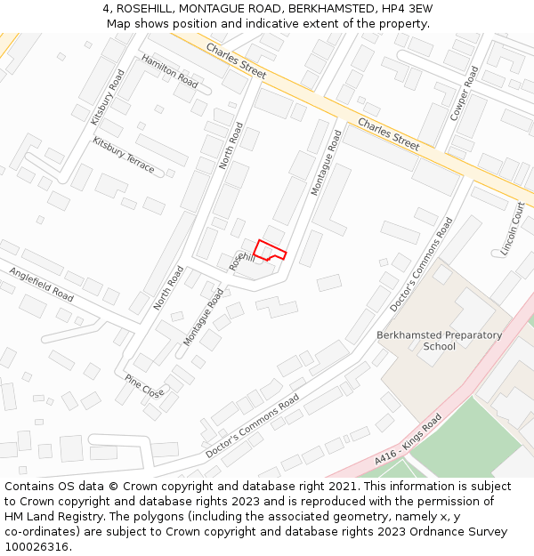 4, ROSEHILL, MONTAGUE ROAD, BERKHAMSTED, HP4 3EW: Location map and indicative extent of plot