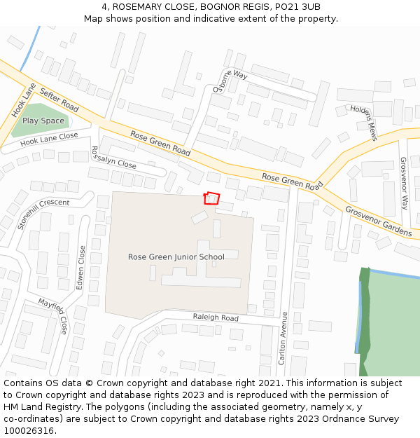 4, ROSEMARY CLOSE, BOGNOR REGIS, PO21 3UB: Location map and indicative extent of plot