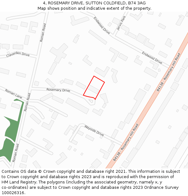 4, ROSEMARY DRIVE, SUTTON COLDFIELD, B74 3AG: Location map and indicative extent of plot