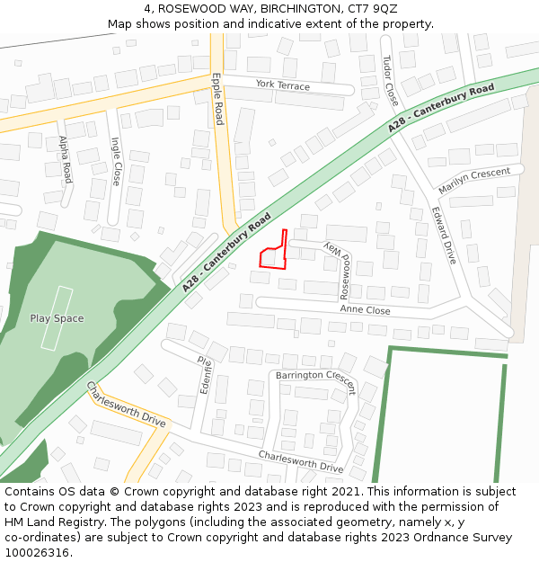 4, ROSEWOOD WAY, BIRCHINGTON, CT7 9QZ: Location map and indicative extent of plot