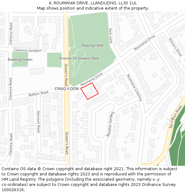 4, ROUMANIA DRIVE, LLANDUDNO, LL30 1UL: Location map and indicative extent of plot