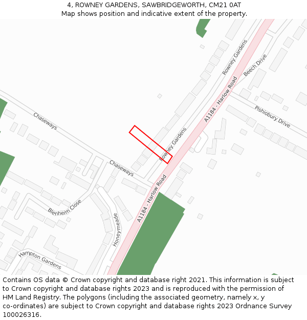 4, ROWNEY GARDENS, SAWBRIDGEWORTH, CM21 0AT: Location map and indicative extent of plot