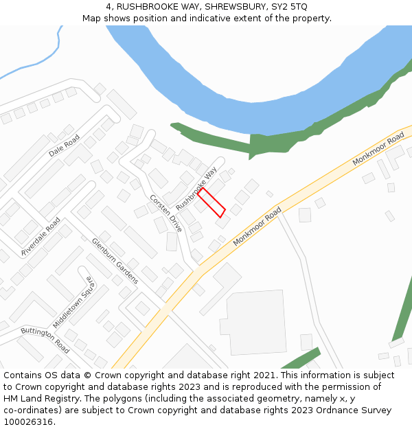 4, RUSHBROOKE WAY, SHREWSBURY, SY2 5TQ: Location map and indicative extent of plot