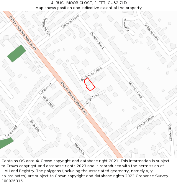 4, RUSHMOOR CLOSE, FLEET, GU52 7LD: Location map and indicative extent of plot