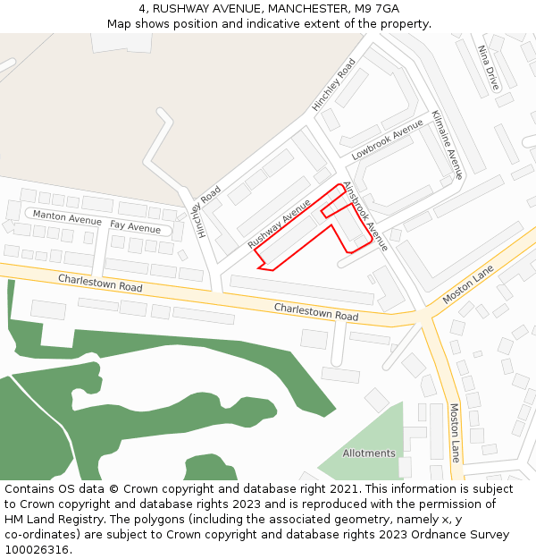 4, RUSHWAY AVENUE, MANCHESTER, M9 7GA: Location map and indicative extent of plot