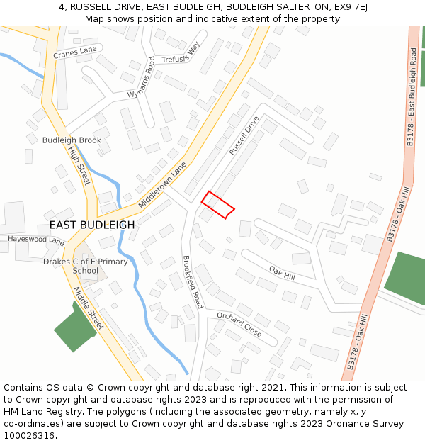 4, RUSSELL DRIVE, EAST BUDLEIGH, BUDLEIGH SALTERTON, EX9 7EJ: Location map and indicative extent of plot