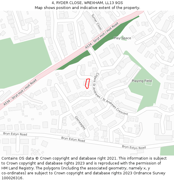 4, RYDER CLOSE, WREXHAM, LL13 9GS: Location map and indicative extent of plot