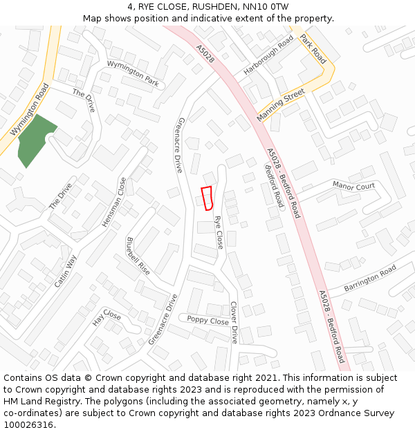 4, RYE CLOSE, RUSHDEN, NN10 0TW: Location map and indicative extent of plot