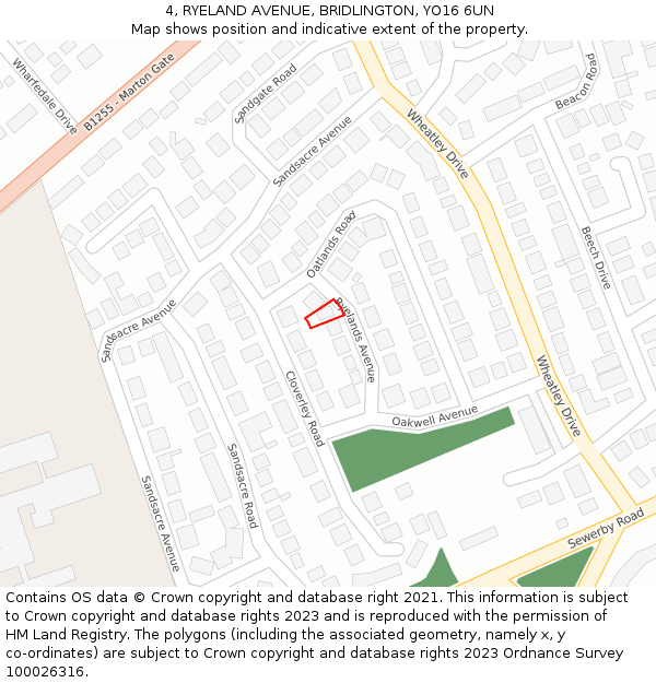 4, RYELAND AVENUE, BRIDLINGTON, YO16 6UN: Location map and indicative extent of plot