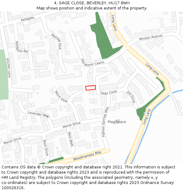 4, SAGE CLOSE, BEVERLEY, HU17 8WH: Location map and indicative extent of plot