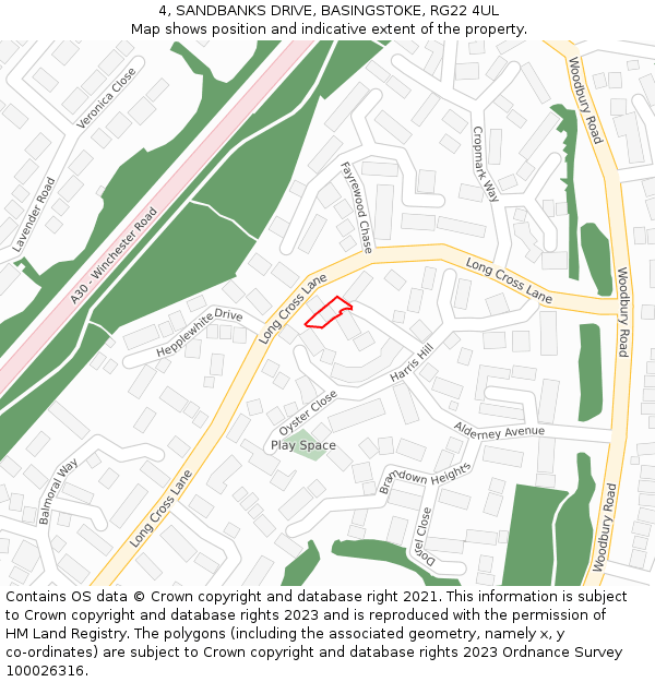 4, SANDBANKS DRIVE, BASINGSTOKE, RG22 4UL: Location map and indicative extent of plot