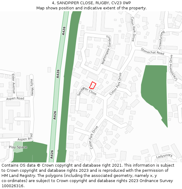 4, SANDPIPER CLOSE, RUGBY, CV23 0WP: Location map and indicative extent of plot