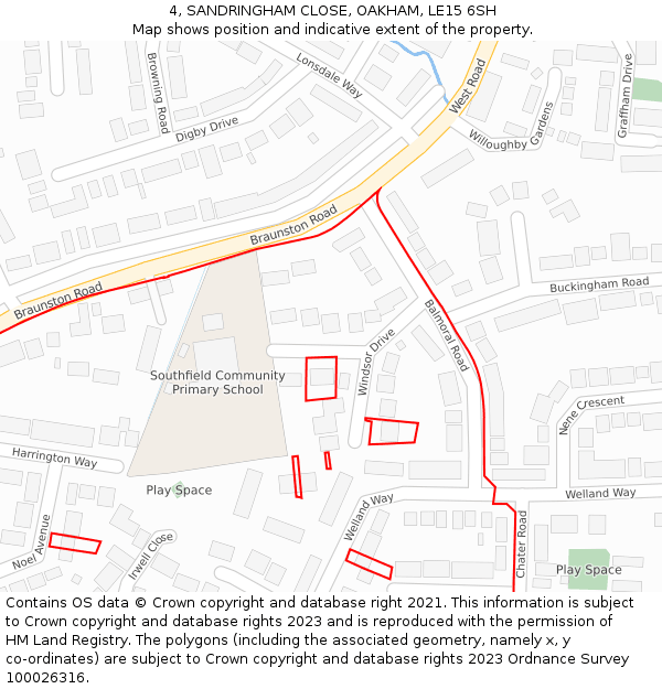 4, SANDRINGHAM CLOSE, OAKHAM, LE15 6SH: Location map and indicative extent of plot