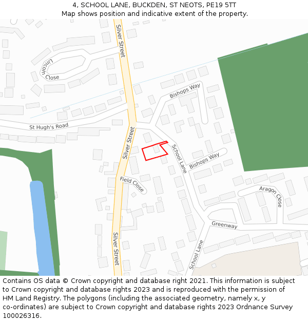 4, SCHOOL LANE, BUCKDEN, ST NEOTS, PE19 5TT: Location map and indicative extent of plot