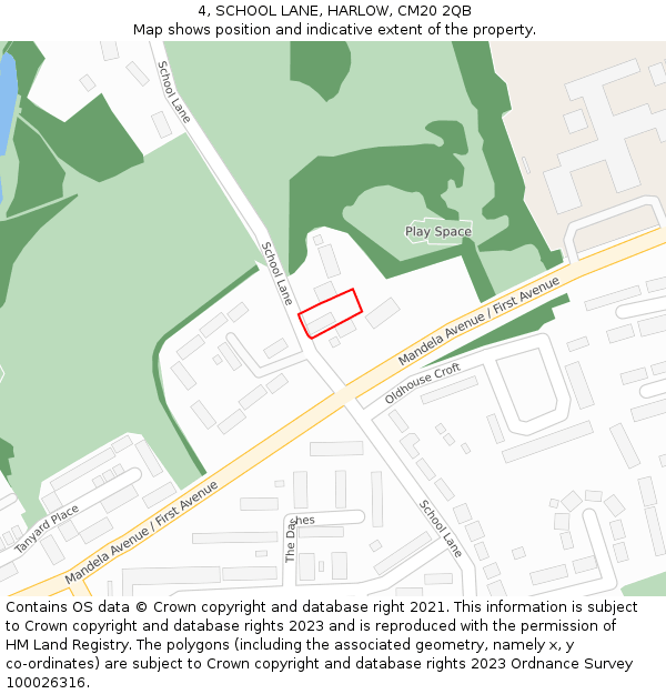 4, SCHOOL LANE, HARLOW, CM20 2QB: Location map and indicative extent of plot