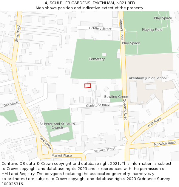 4, SCULPHER GARDENS, FAKENHAM, NR21 9FB: Location map and indicative extent of plot