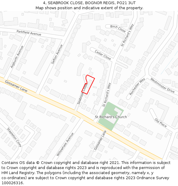 4, SEABROOK CLOSE, BOGNOR REGIS, PO21 3UT: Location map and indicative extent of plot