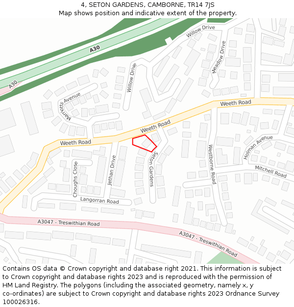 4, SETON GARDENS, CAMBORNE, TR14 7JS: Location map and indicative extent of plot