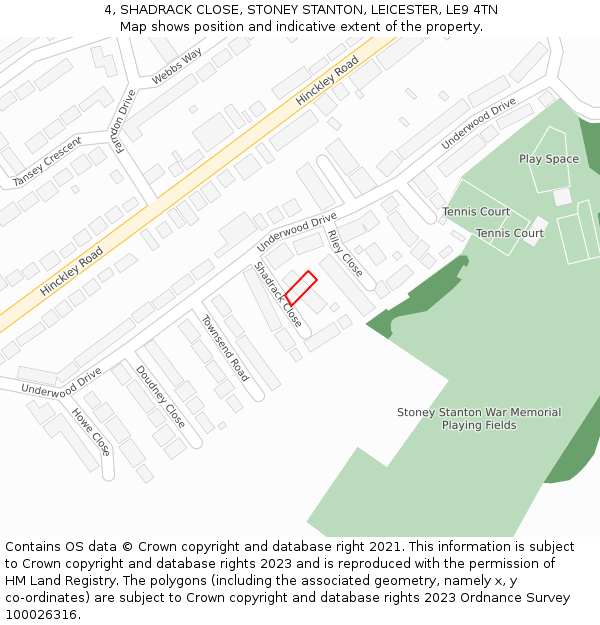 4, SHADRACK CLOSE, STONEY STANTON, LEICESTER, LE9 4TN: Location map and indicative extent of plot