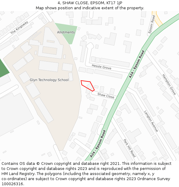 4, SHAW CLOSE, EPSOM, KT17 1JP: Location map and indicative extent of plot