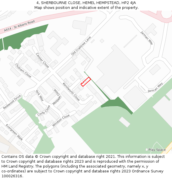 4, SHERBOURNE CLOSE, HEMEL HEMPSTEAD, HP2 4JA: Location map and indicative extent of plot
