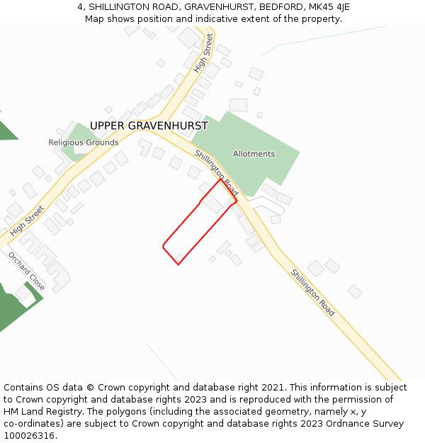 4, SHILLINGTON ROAD, GRAVENHURST, BEDFORD, MK45 4JE: Location map and indicative extent of plot