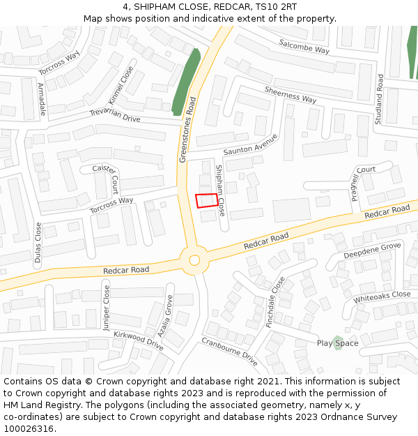 4, SHIPHAM CLOSE, REDCAR, TS10 2RT: Location map and indicative extent of plot