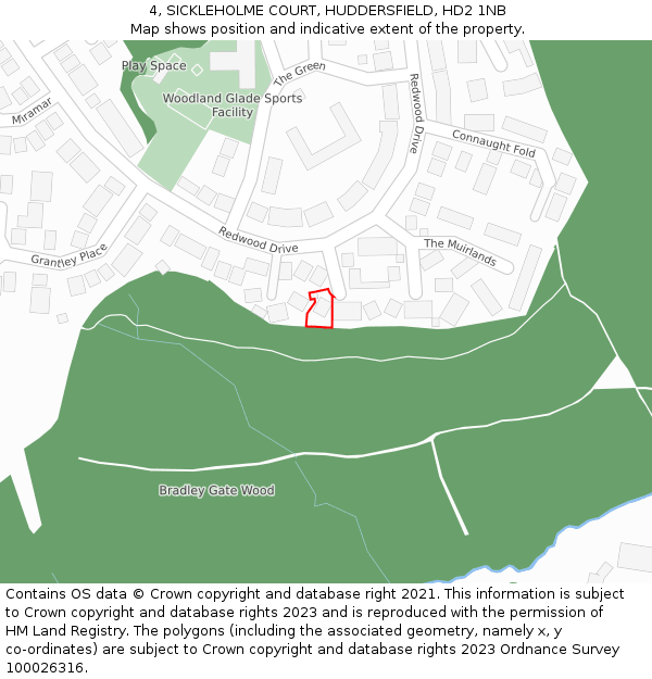 4, SICKLEHOLME COURT, HUDDERSFIELD, HD2 1NB: Location map and indicative extent of plot