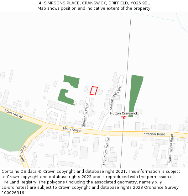 4, SIMPSONS PLACE, CRANSWICK, DRIFFIELD, YO25 9BL: Location map and indicative extent of plot