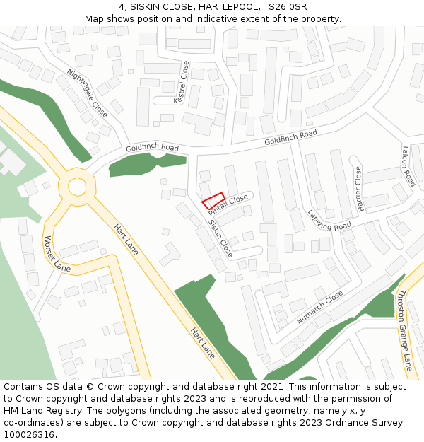 4, SISKIN CLOSE, HARTLEPOOL, TS26 0SR: Location map and indicative extent of plot