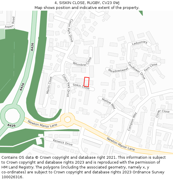 4, SISKIN CLOSE, RUGBY, CV23 0WJ: Location map and indicative extent of plot