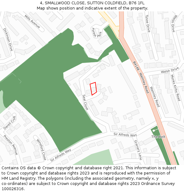 4, SMALLWOOD CLOSE, SUTTON COLDFIELD, B76 1FL: Location map and indicative extent of plot