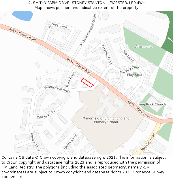 4, SMITHY FARM DRIVE, STONEY STANTON, LEICESTER, LE9 4WH: Location map and indicative extent of plot