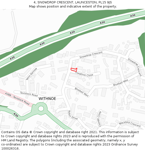 4, SNOWDROP CRESCENT, LAUNCESTON, PL15 9JS: Location map and indicative extent of plot